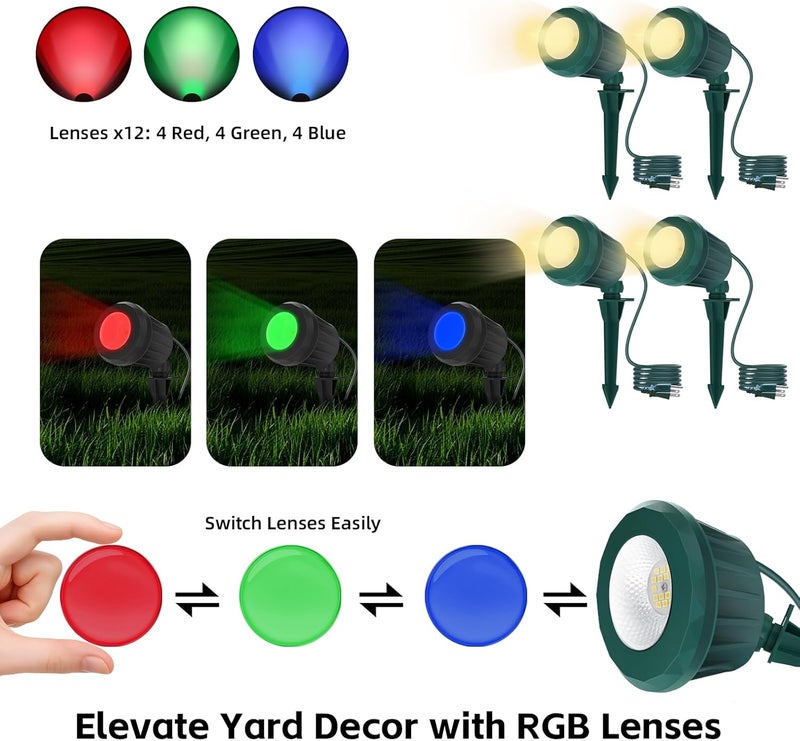 Holeva Spotlight Outdoor – 120V Plug-in, 2700K Warm White LED Landscape Spot Lights with RGB 3 Lenses for Yard, Garden, Lawn&Tree Decor, IP67 Waterproof, Perfect for Holidays&Everyday (4 Pack, Green) - Image 2